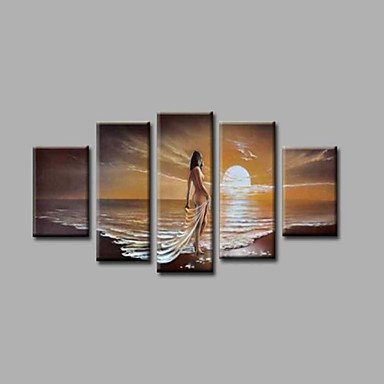 Ready to Hang Stretched  Framed Hand-Painted Oil Painting Canvas Wall Art Sunrise Nude Girls Beach