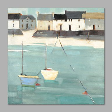 IARTS Hand Painted Modern Abstract Seaside Town View on Canvas with Stretched Frame Handmade Oil P