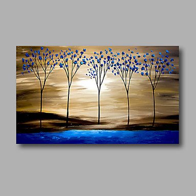 Ready to Hand Stretched Hand-Painted Canvas Modern Oil Painting Forest Trees Blue Sunshine one Pan