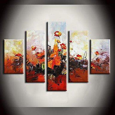 Hand-Painted Abstract / Landscape / Still Life / Floral/BotanicalModern Five Panels Canvas Oil Pai