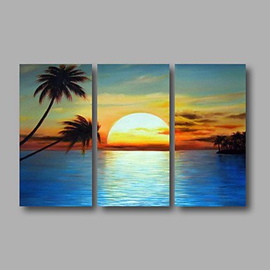 Ready to Hang Stretched Hand-Painted Oil Painting 48"x32" Three Panels Canvas Wall Art Seascape Su