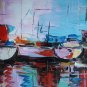 Oil Paintings One Panel Abstract Boats on Shoreside  Hand-painted Canvas Ready to Hang