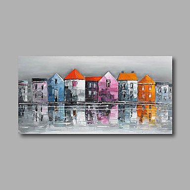 Stretched (Ready to hang) Hand-Painted Oil Painting 40"x20" Canvas Wall Art Modern Abstract Buildi