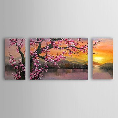 Hand-Painted Floral/Botanical Horizontal Panoramic,Classic Traditional Three Panels Canvas Oil Pai