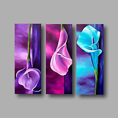 Ready to Hang Stretched Framed Hand-painted Oil Painting Three Panels Canvas Wall Art Purple Blue