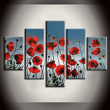 Hand-Painted Landscape Floral/Botanical Any Shape,Modern Pastoral Five Panels Canvas Oil Painting