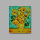 Stretched (Ready to hang) Hand-Painted Oil Painting Canvas Abstract Van Gogh repro Sunflowers Gree