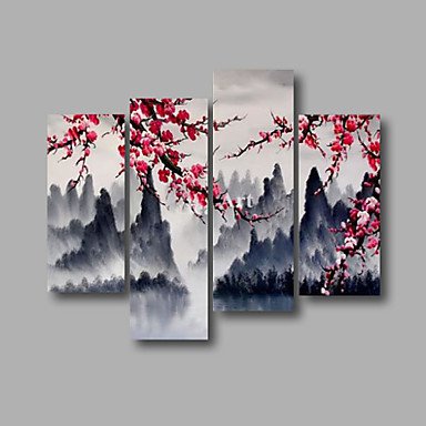 Ready to Hang Stretched Hand-Painted Oil Painting 64"x40" Four Panels Canvas Wall Art Modern Pink