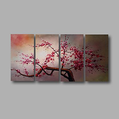 Ready to Hang Stretched Hand-painted Oil Painting 4 pieces Canvas Wall Art Modern Pink Blosssom Fl