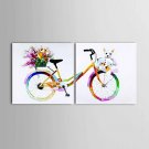Hand-Painted Abstract Color Art Bicycles And Puppies Oil Painting Canvas 2 Panel Ready To Hang