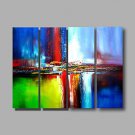 Ready to Hang Stretched Hand-Painted Oil Painting Four Panels Canvas Wall Art Modern Red Blue Gree