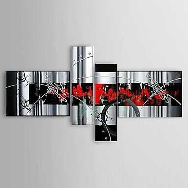 Ready to Hang Stretched Frame Oil Paintings Set of 4 Modern Abstract silvery Flowing Lines Hand-pa