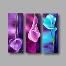 Ready to Hang Stretched Framed Hand-painted Oil Painting Three Panels Canvas Wall Art Purple Blue