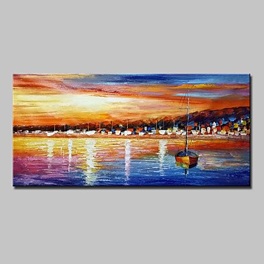 Hand Painted Abstract Landscape Boat Oil Painting On Canvas Wall Art With Stretched Frame Ready To