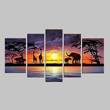 Hand-Painted Modern Abstract Elephant Giraffe Sunset African Landscape Oil Painting on Canvas  5pc