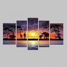 Hand-Painted Modern Abstract Elephant Giraffe Sunset African Landscape Oil Painting on Canvas  5pc