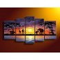 Hand-Painted Modern Abstract Elephant Giraffe Sunset African Landscape Oil Painting on Canvas 5pc