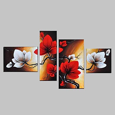 Hand-Painted Sky Red Flowers Abstract Landscape Wall Decor Oil Painting on Canvas 4pcs/set No Fram