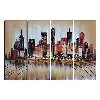 Hand-Painted Abstract Modern Brown Cityscape Oil Painting on Canvas  4pcs/set (Without Frame)