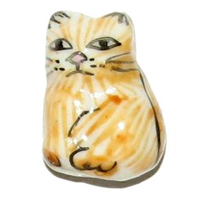 3 Ceramic Tan & White Striped Cat Beads - Cats