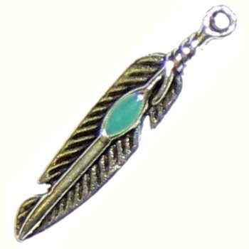 6 Antique Silver Feather Charms with Blue "Stone"