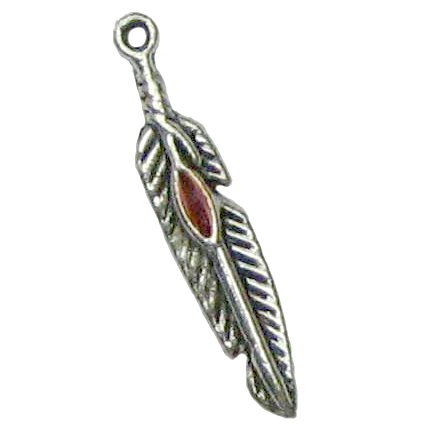 6 Antique Silver Feather Charms with Red "Stone"