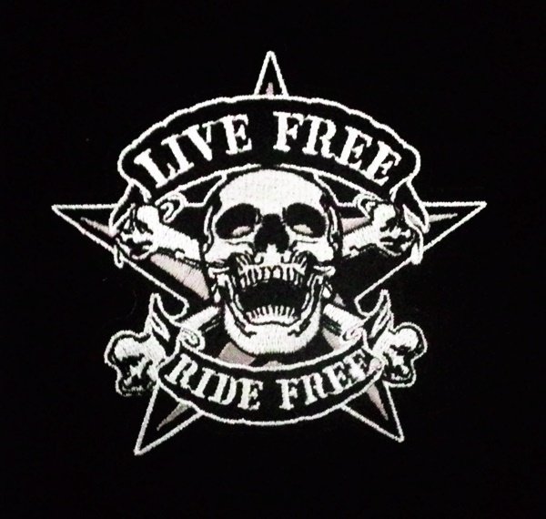 Embroidered Live Free Ride Free Skull iron on patch.