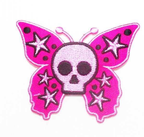 Embroidered Pink Skull Butter Fly iron on Patch.