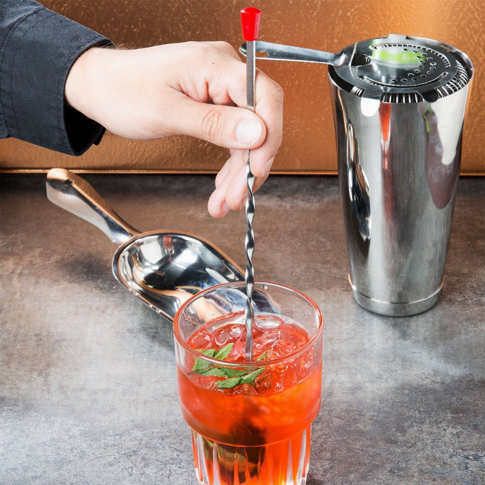 11" Stainless Steel Red Ball Bar Cocktail Drink Spoon Stirrer w/ Twisted Handle