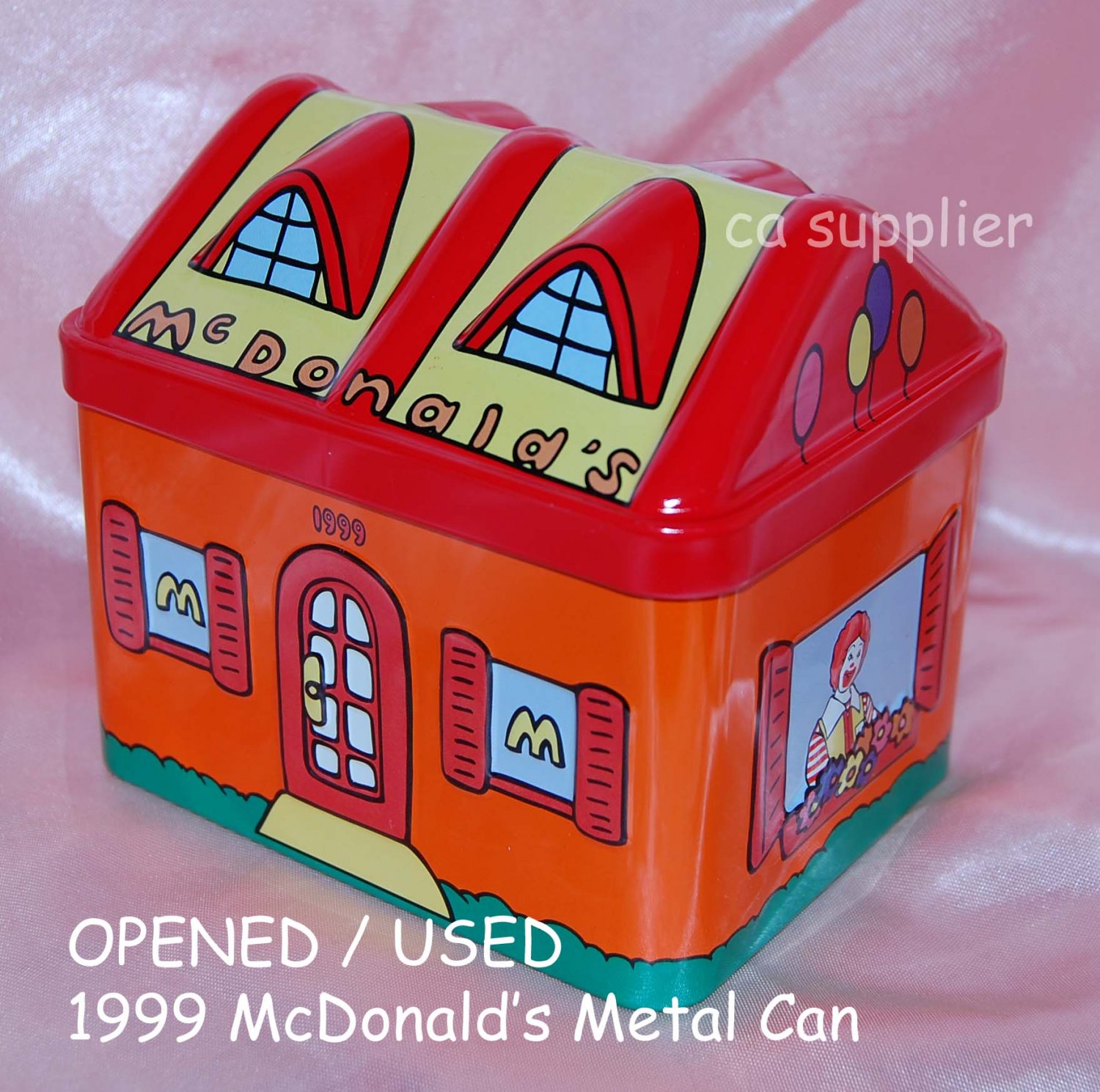 USED 1999 McDonald's Ronald House Metal Tin Can Container 4.5" x 3.5" x 4" H