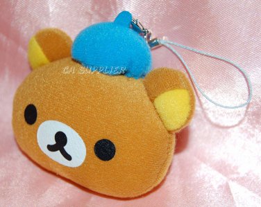San X Rilakumma Relax Bear Head Wearing Blue Hat Plush Figure Charm w/ Lobster Clip 3"