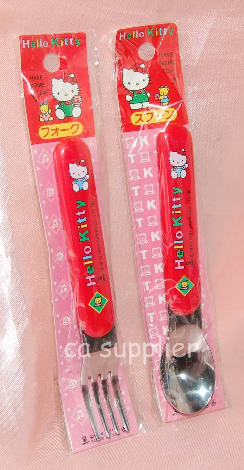 1991 Sanrio Hello Kitty Kids Red Spoon Fork Set