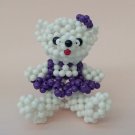 Handmade WHITE Round Beads Girl Bear Figure w/ Purple Dress 3" H