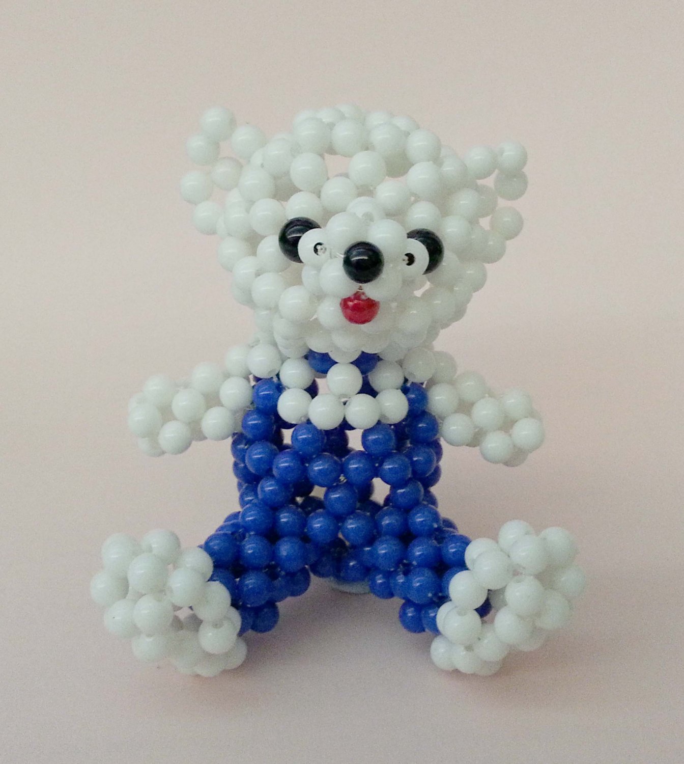 Handmade WHITE Round Beads Boy Bear Figure w/ Blue Clothes 3" H