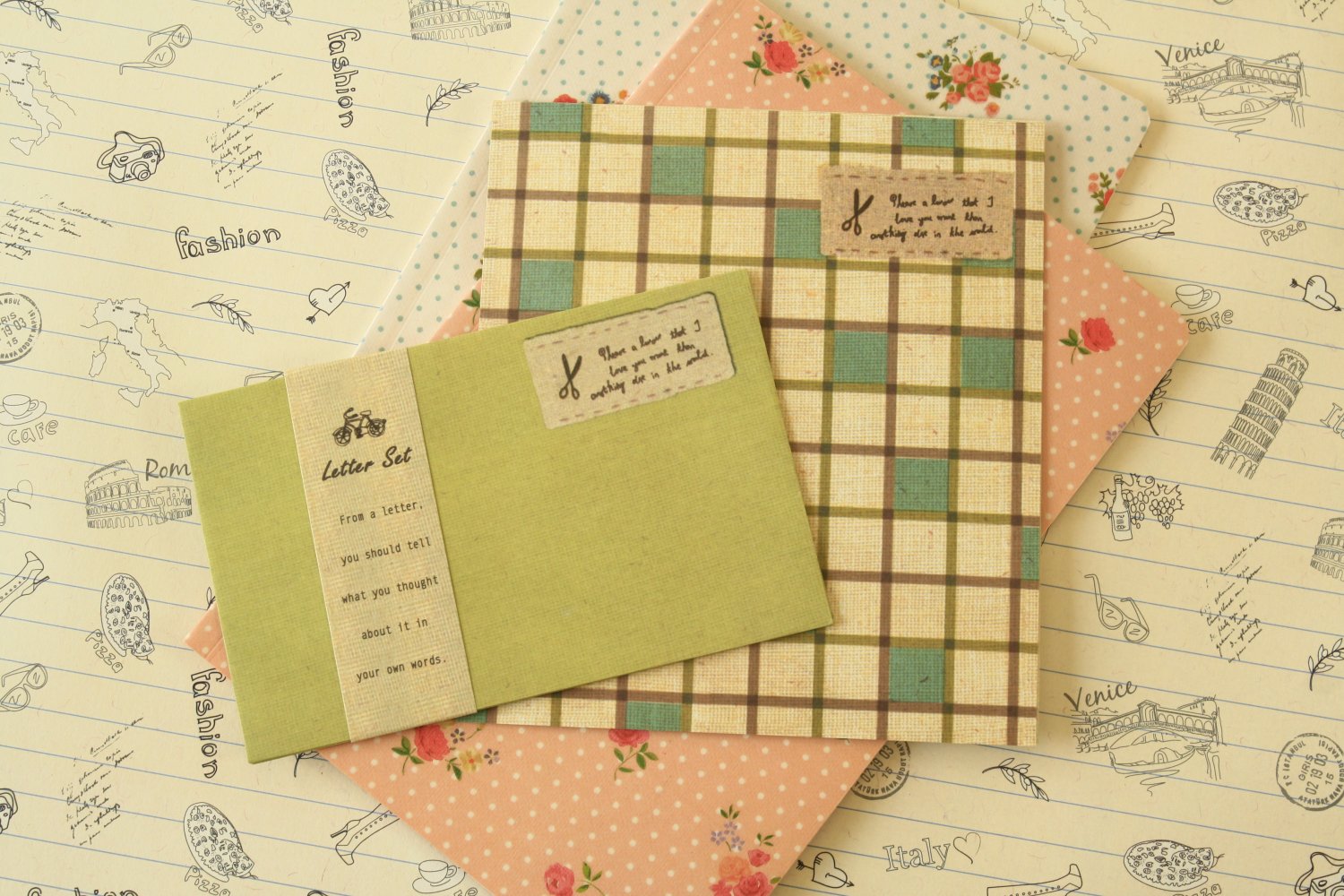 Green Vintage Style Simple Grid writing paper & envelopes set