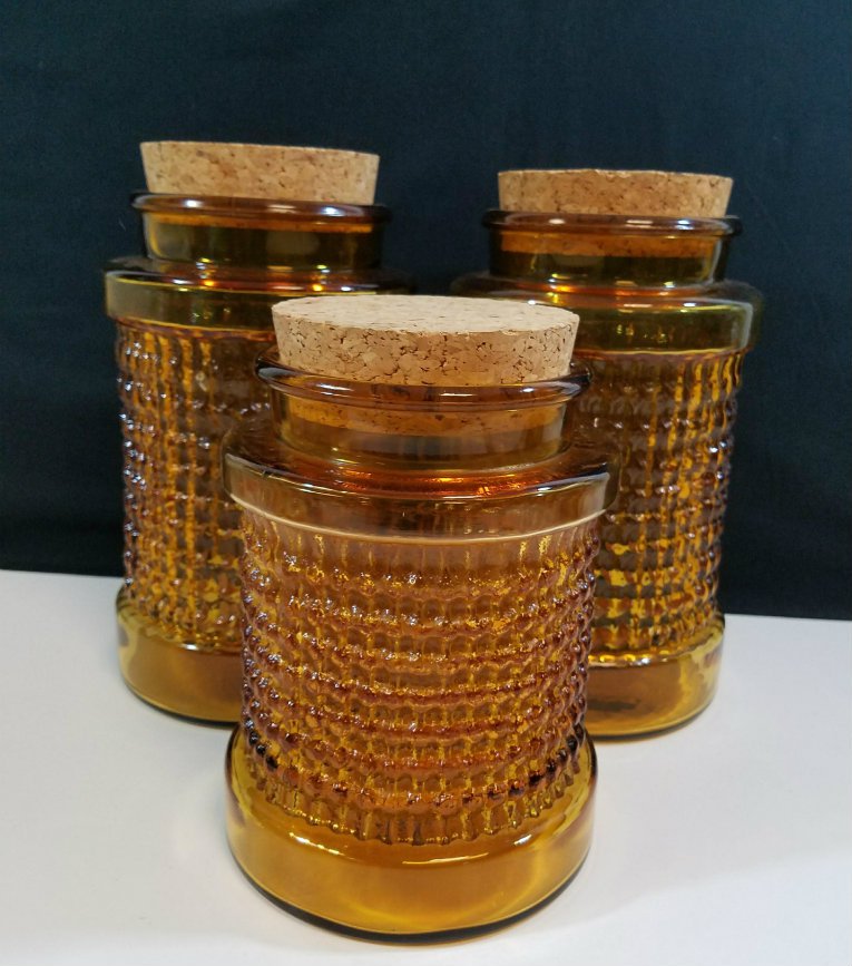 Vintage 1960s Heavy Amber Glass Bubbled Ribbed Canister Set With Cork Top