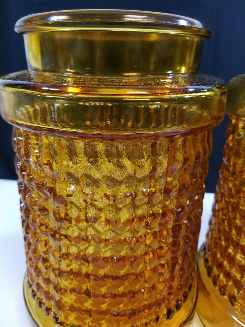 Vintage 1960s Heavy Amber Glass Bubbled Ribbed Canister Set with Cork Top