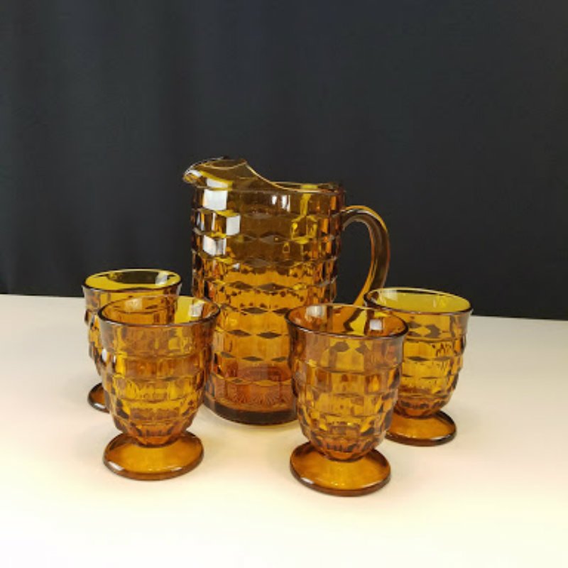 Colony Whitehall Amber Glass Pitcher with 4 Tumblers