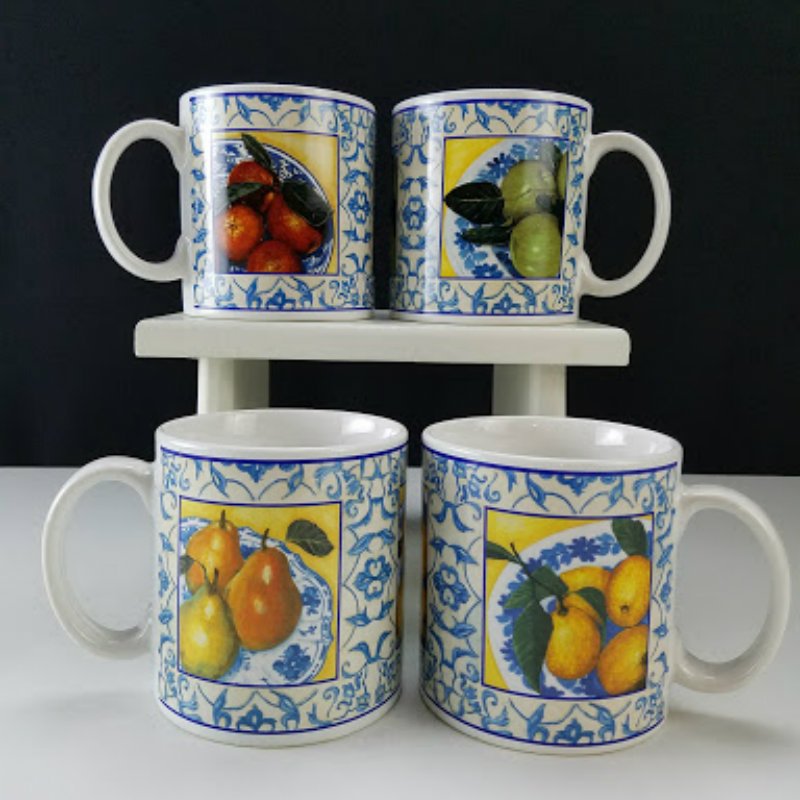 Sakura Fruit Scroll Stoneware Mugs Set of 4