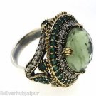 925 SOLID SILVER & BRASS HANDMADE TURKISH RING LABMADE GREEN GEMSTONE 8.5 US