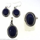 925 SOLID STERLING SILVER HANDMADE LAPIS GEMSTONE RING EARRING PENDANT SET