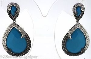 925 SOLID STERLING SILVER LABMADE TURQUOISE GEMSTONE &CZ HANDMADE DANGLE EARRING