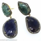 925 SILVER 1.25 CT ROSE CUT DIAMOND 24.85 CT SAPPHIRE BEAUTIFUL HANDMADE EARRING
