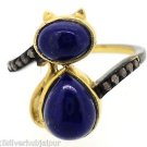 925 SILVER 0.18 DIAMOND 4 CT LAPIS HANDMADE CAT VINTAGE GEMSTONE RING US 7.75