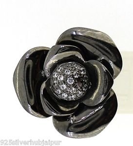925 SOLID STERLING SILVER HANDMADE RING CZ FLOWER BLACK RING SIZE US 6.75