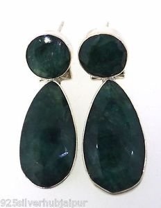 925 SOLID STERLING SILVER ANTIQUE HANDMADE LABMADE GREEN GEMSTONE EARRING 35X11