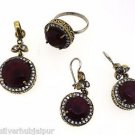 TURKISH 925 SOLID SILVER BRASS HANDMADE RUBY GEMSTONE RING PENDANT EARRING SET