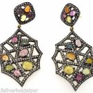 925 SILVER 14KT GOLD 1.95 CW PAVE DIAMOND 6.35 MULTI TOURMALINE GEMSTONE EARRING