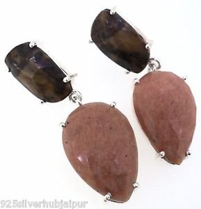 925 SOLID SILVER JASPER AND PINK OPAL GEMSTONE HANDMADE DANGLE EARRING