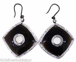925 SOLID STERLING SILVER BLACK ONYX GEMSTONE & CZ HANDMADE DANGLE EARRING